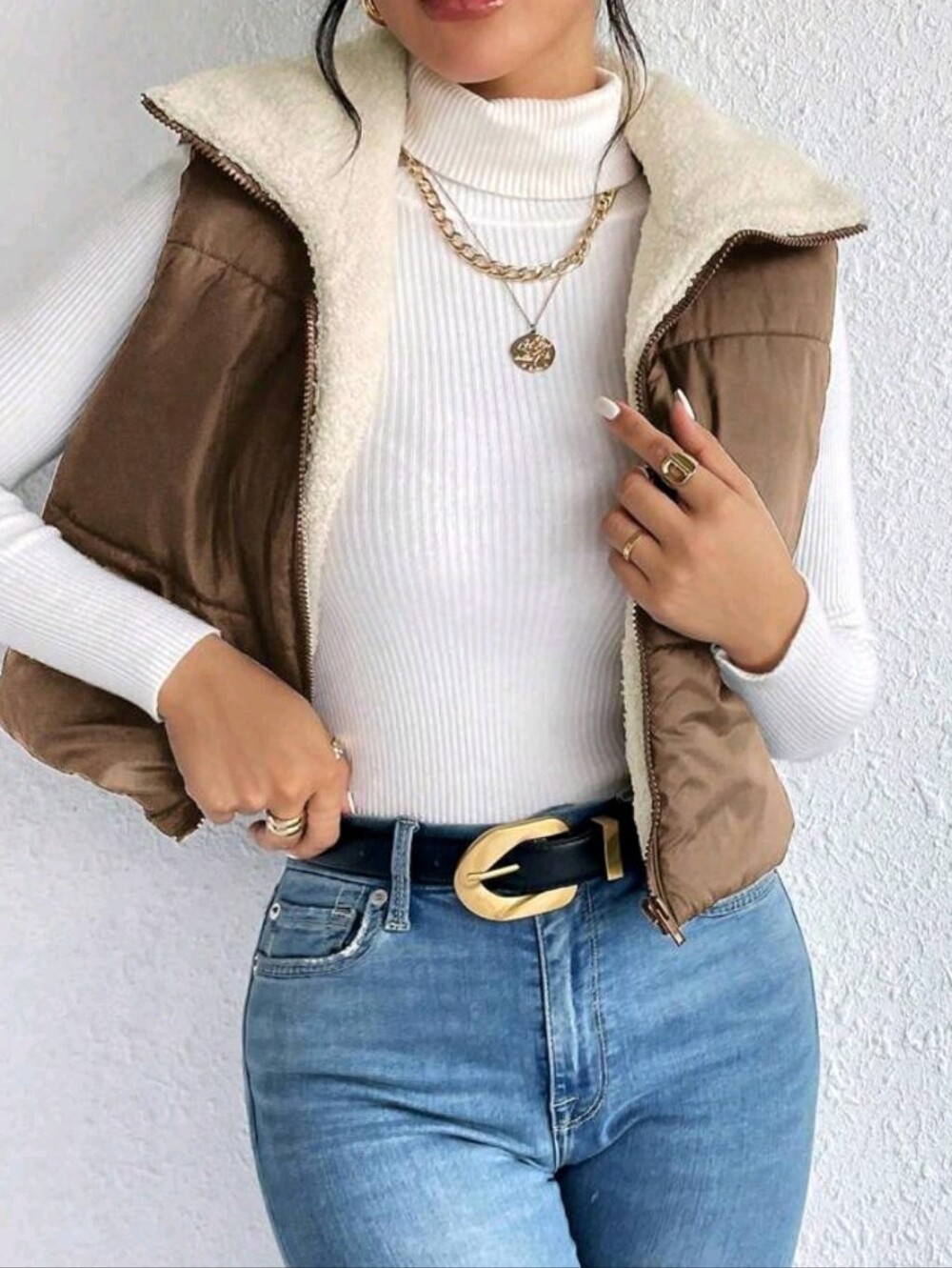 Cropped Faux-Sherpa Brown Puffer Vest with High Collar